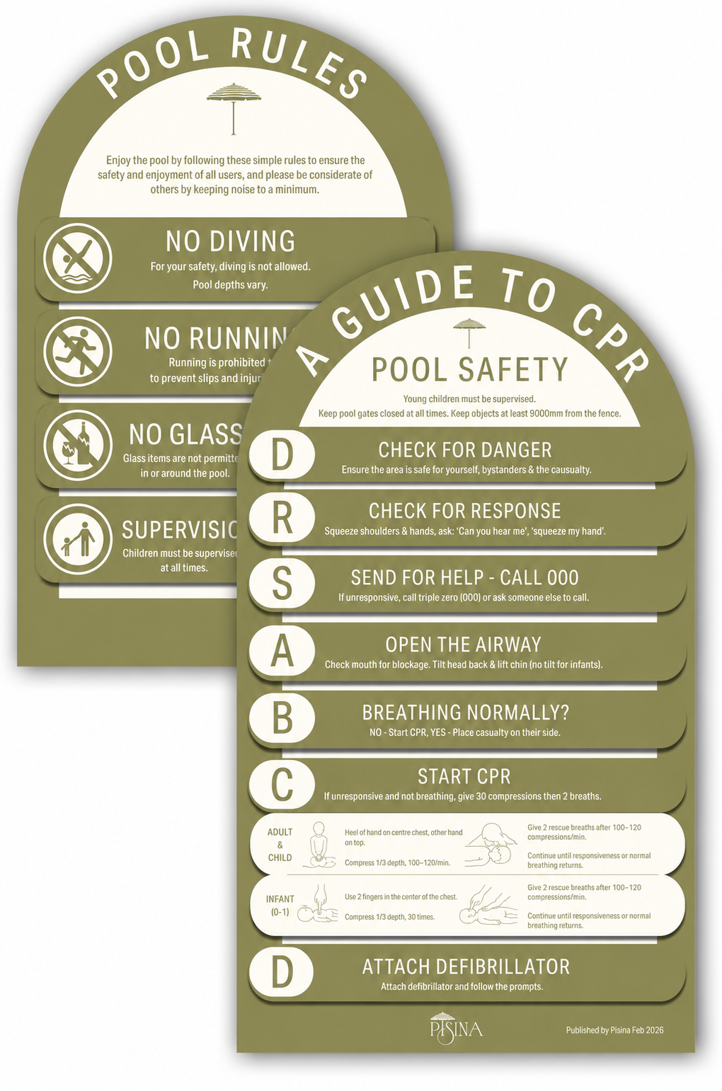 Arch CPR Pool Sign and Pool Rules Combo Olive