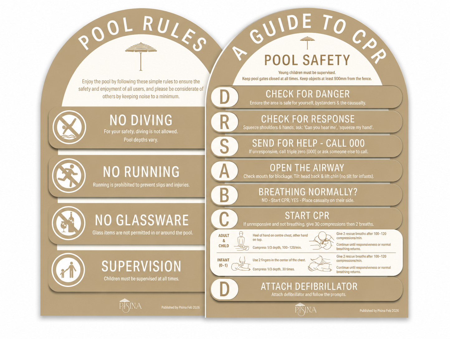 Arch CPR Pool Sign and Pool Rules Combo Taupe