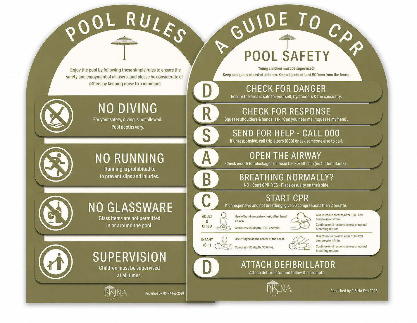 Arch CPR Pool Sign and Pool Rules Combo Olive
